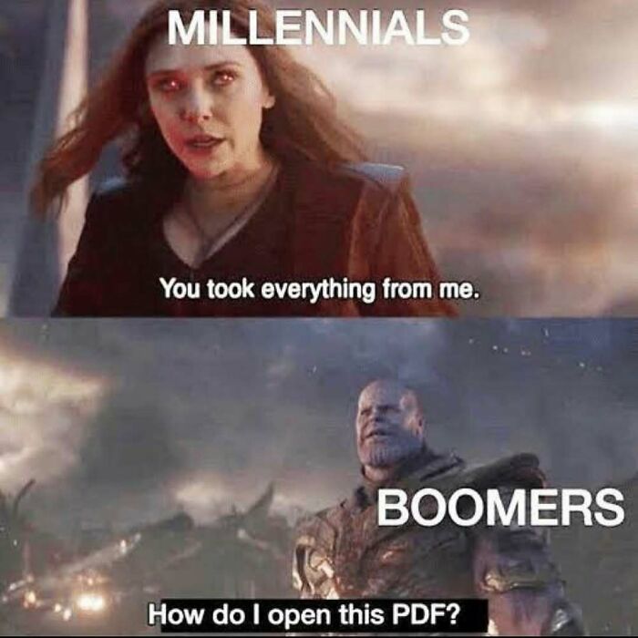 Millennials vs Boomers meme highlighting work-related humor with PDF struggles.