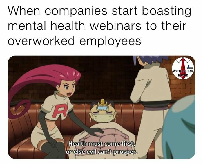 Anime characters discussing health in a humorous work-related meme about companies offering mental health webinars.