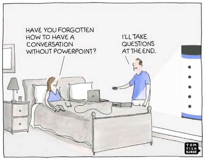 A couple humorously discusses work-related habits in bed using PowerPoint jokes.