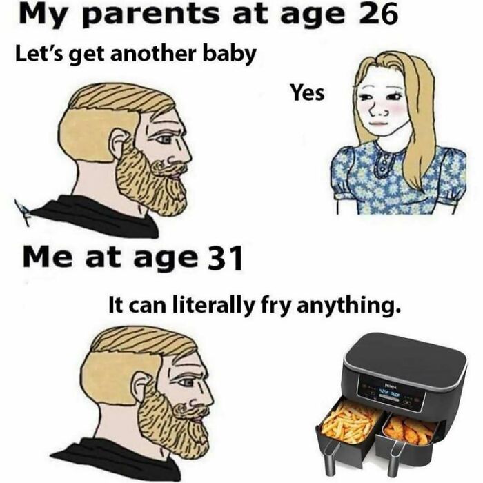 Work-related humor meme comparing life goals at different ages, featuring an air fryer.