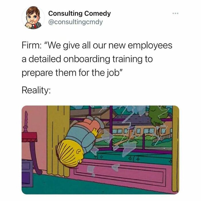 Work-related humor meme showing a cartoon character flying through a window, contrasting onboarding expectations and reality.