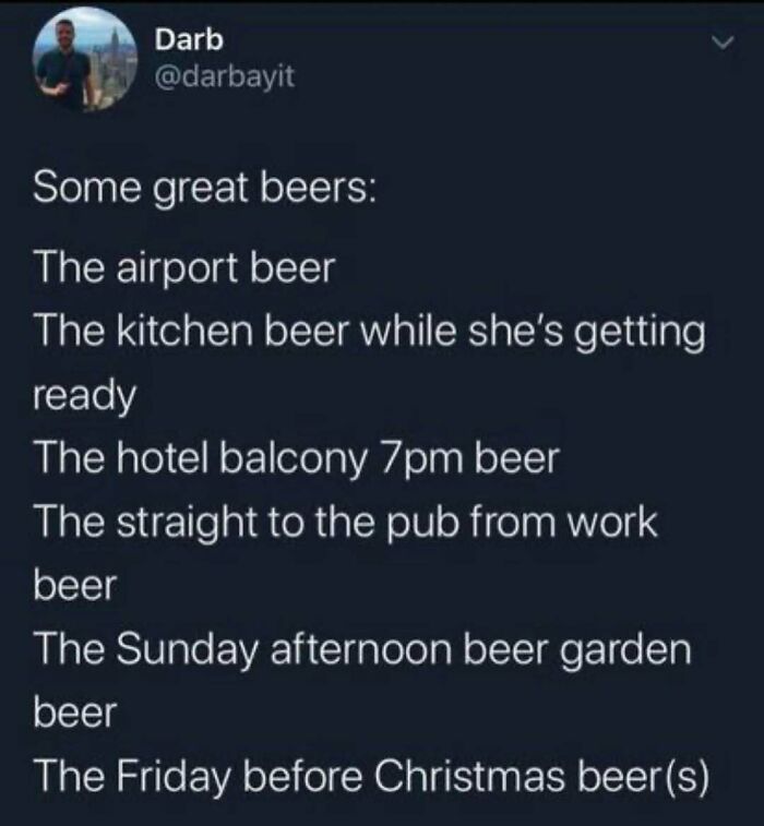 Text listing humorous types of beer moments, focusing on work-related humor.