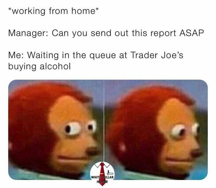 Work-related humor meme showing a surprised monkey reaction to multitasking while working from home.