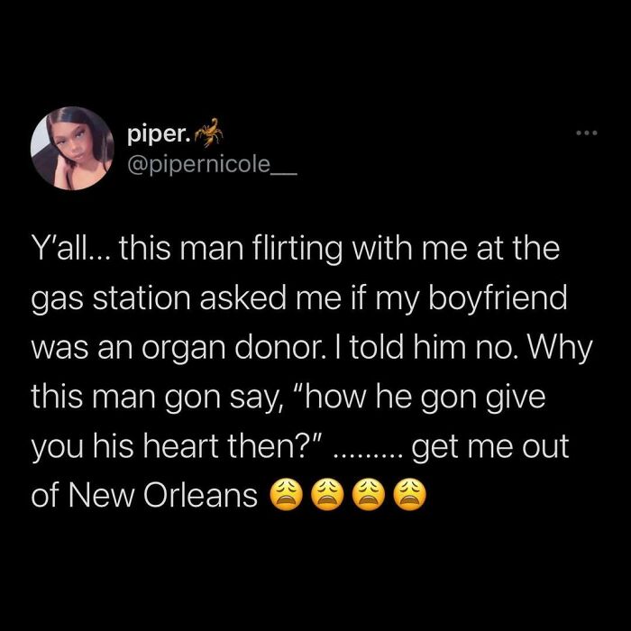 Tweet from Conxfession Instagram page: A funny and relatable gas station flirtation anecdote from New Orleans.
