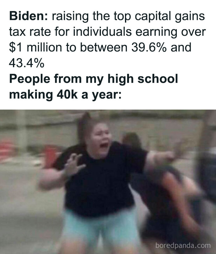 Person reacting dramatically to news about capital gains tax changes; work-related humor meme.