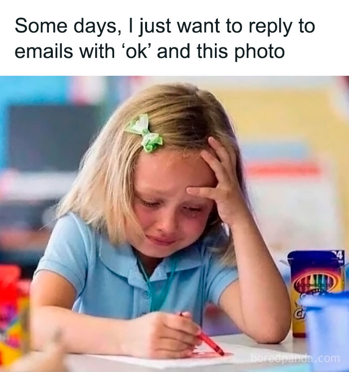 Crying child drawing with crayons, illustrating work-related humor in meme format.
