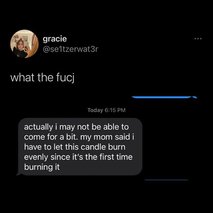 Funny tweet shows a humorous text exchange about a candle burning evenly.
