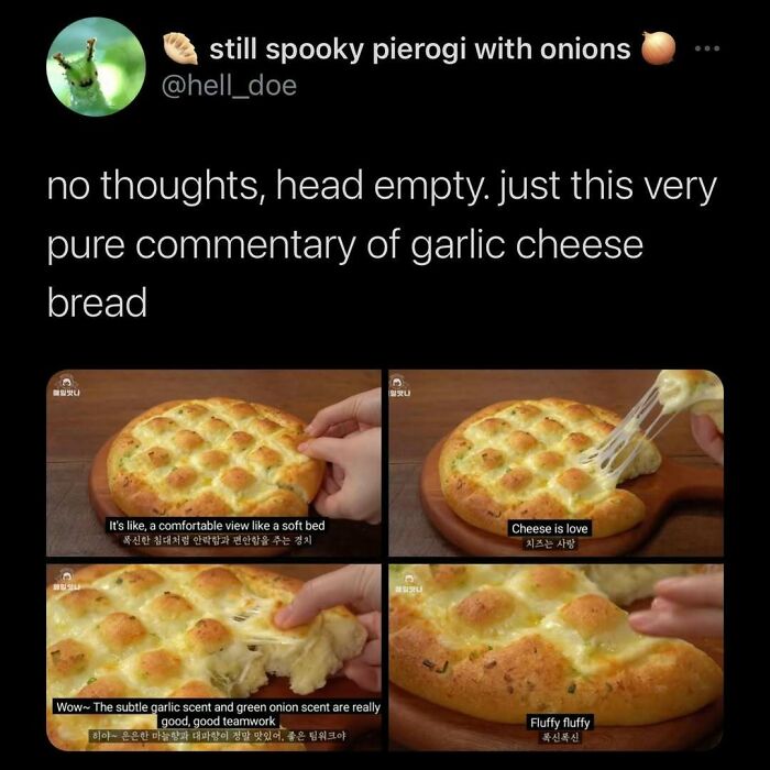 Funny and relatable tweet about commentary on garlic cheese bread, featuring humorous captions on taste and texture.