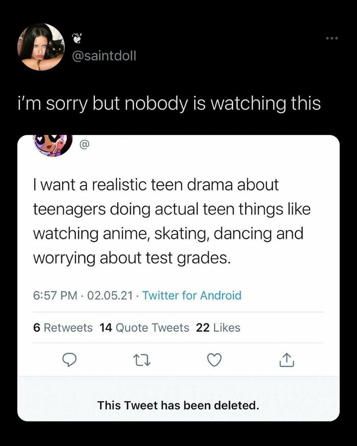 Tweet humor from "Conxfession" about realistic teen drama with activities like anime, skating, and test worries.