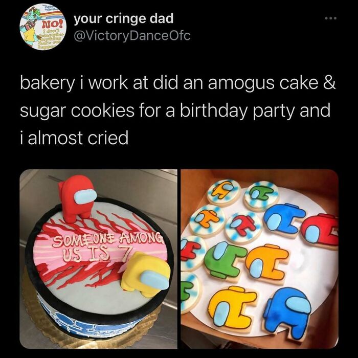 Funny tweet about "Amogus" cake and cookies for a birthday, shared by Conxfession IG page.