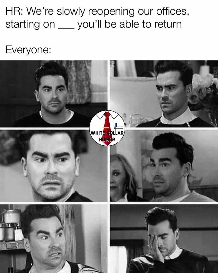 A series of facial expressions depicting work-related humor as an office reopening announcement is made.