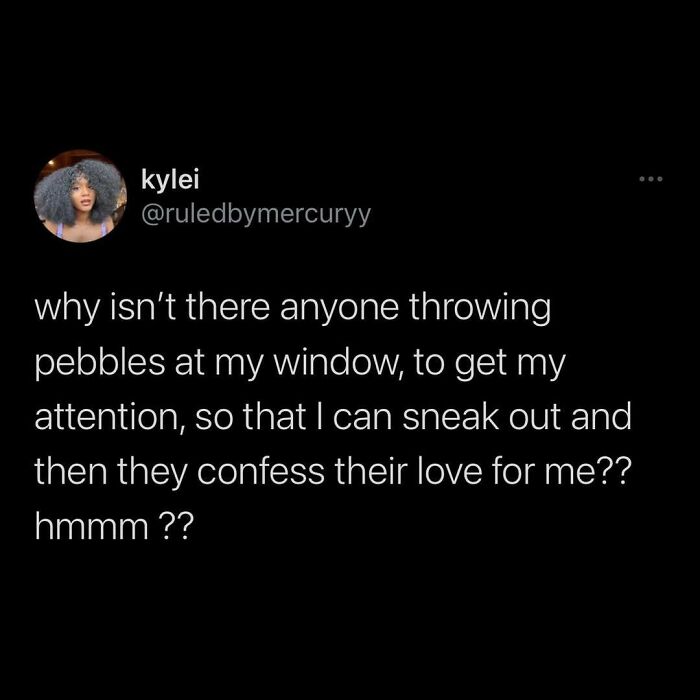 Tweet about love confessions, shared by "Conxfession," humorously asking why no one throws pebbles at the window.