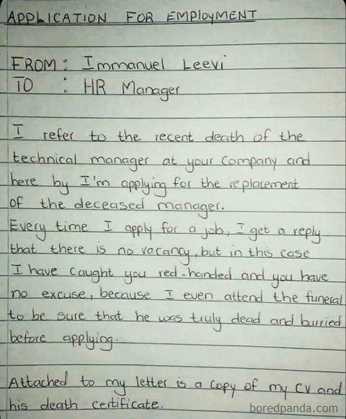 Humorous job application letter referring to deceased manager, showcasing work-related humor.