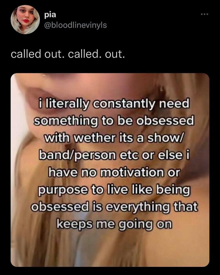 Tweet about needing constant obsession for motivation shared on Conxfession IG page.