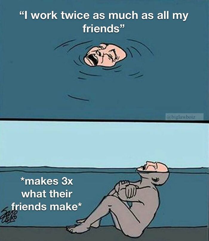 Two-panel meme depicting work-related humor about working twice and earning three times compared to friends.
