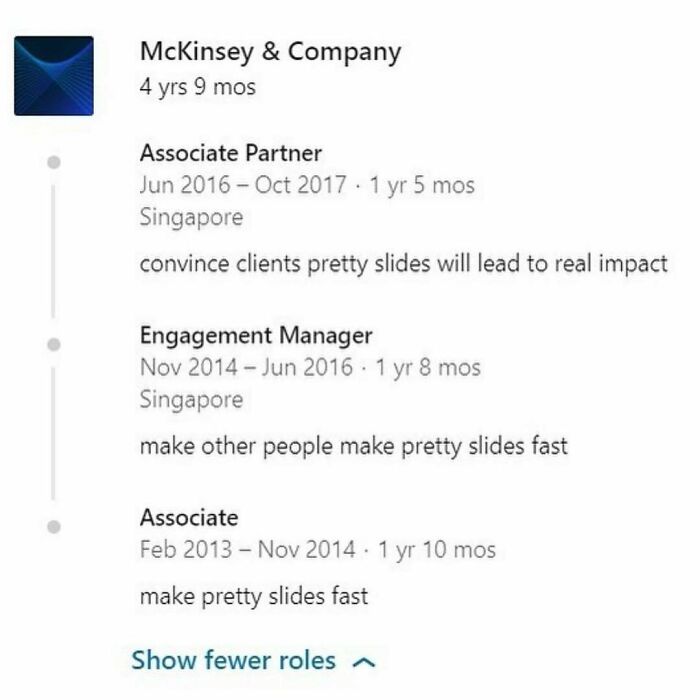 Work-related humor showing a funny job description timeline about making slides fast at a company.