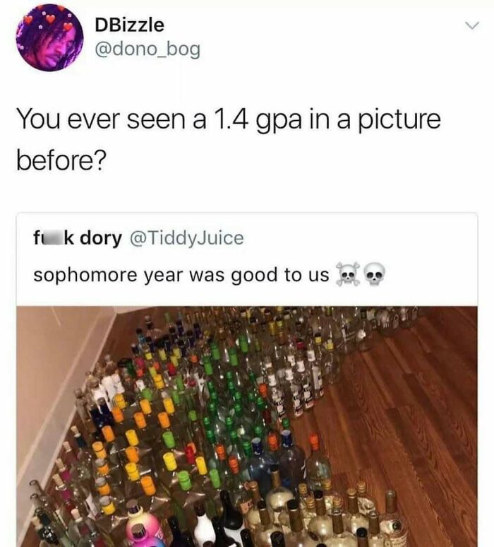 Funny meme of lined-up liquor bottles suggesting a low GPA related to sophomore year humor.