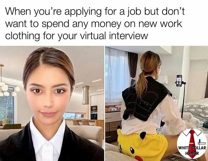 Woman in a virtual interview wearing formal attire on top and casual pajama pants, showcasing work-related humor.