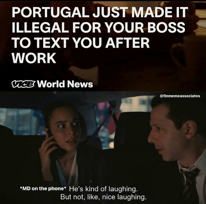 Work-related humor meme about Portugal banning after-work texts; woman on phone discusses boss's reaction.