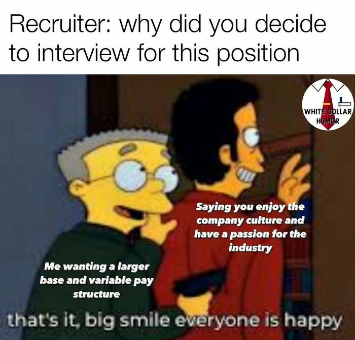 Two cartoon characters smiling, one thinking of pay structure, the other mentioning passion for work culture; work-related humor.