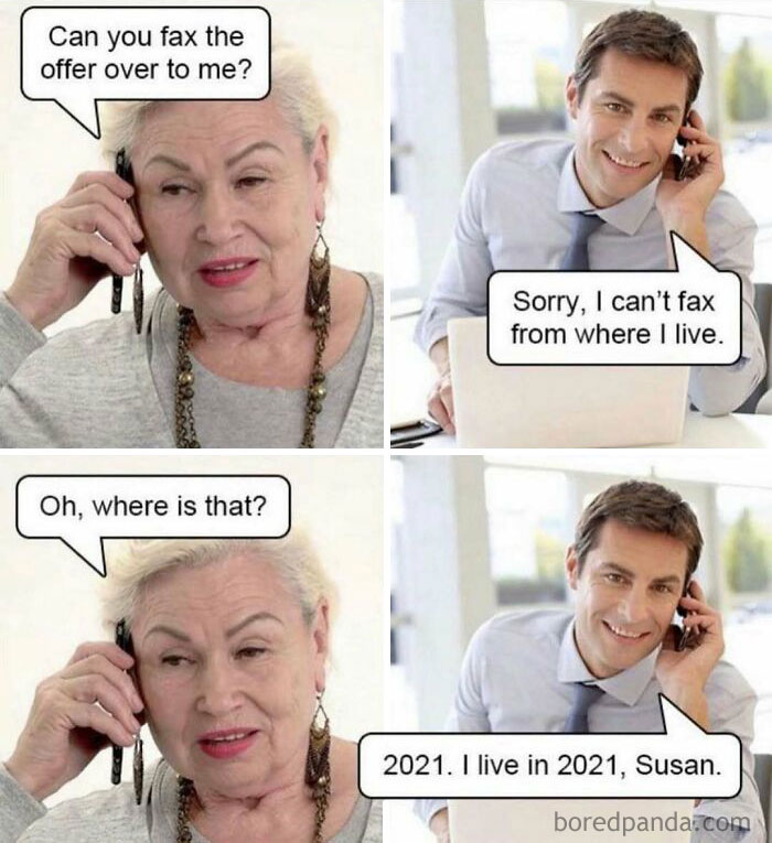 A humorous meme about faxing in modern times, featuring a businessman's amusing reply regarding living in 2021.