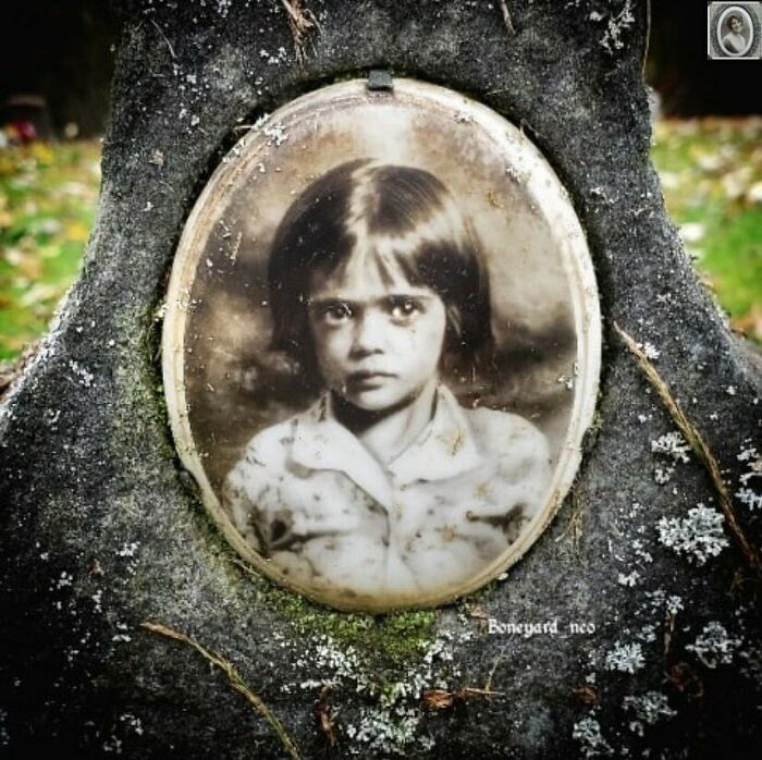 Portrait of a child on a headstone, surrounded by moss, capturing an interesting moment in sepia tones.