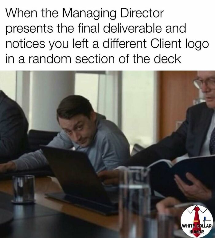 Work-related humor meme showing a worried man in a meeting after a logo mistake is noticed, adding a comedic twist to office life.