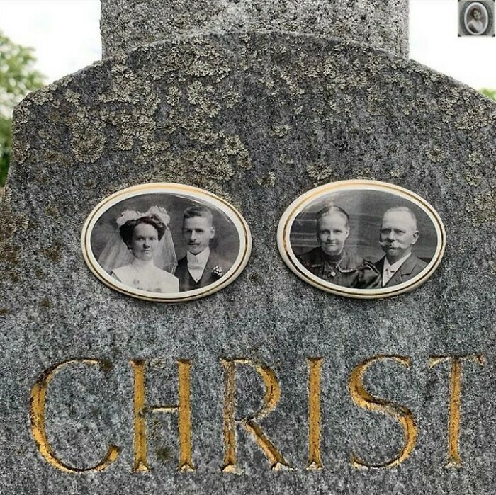 Two vintage headstone portraits showing couples, placed above engraved text, symbolizing eternal memories.