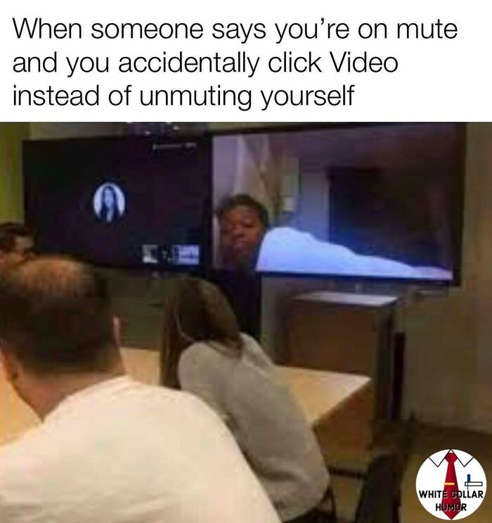 Funny work meme showing a video call mistake during a meeting, with participants accidentally on video instead of mute.