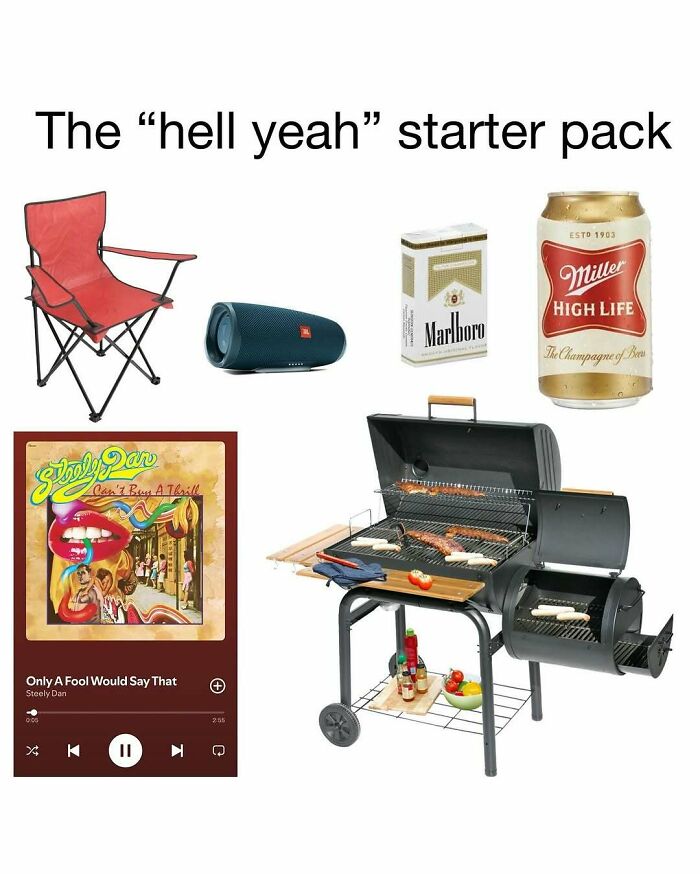 Middle class fancy meme showing a starter pack with a chair, speaker, beer, cigarettes, BBQ grill, and a Steely Dan song.