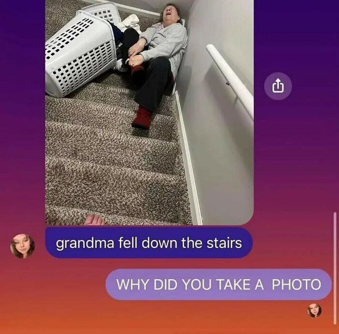 Grandma humor meme: person sitting at the bottom of stairs with a laundry basket, text exchange below discussing the photo.