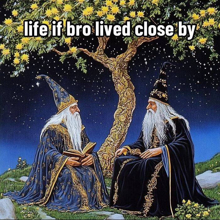 Two wizards with long beards converse under a tree, showcasing ancient meme wisdom with humor.