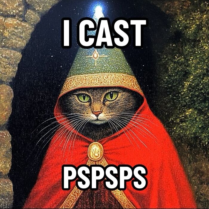 A cat dressed as a wizard in a humorous ancient meme, wearing a red cloak and hat.