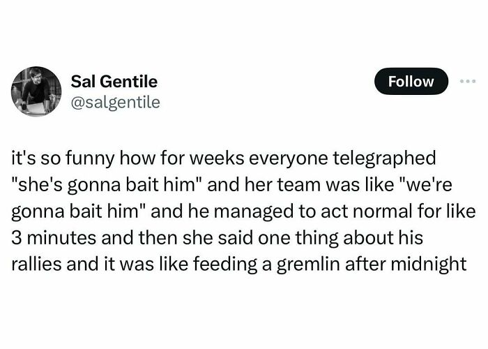 Tweet by Sal Gentile humorously discussing the anticipation and outcome of a debate tactic.