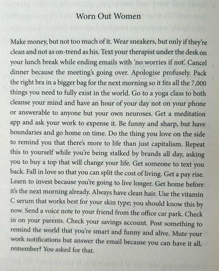 Text titled "Worn Out Women," discussing the pressures and expectations faced by women in modern society.