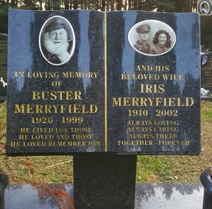 Headstone portraits of Buster and Iris Merryfield, featuring engraved photos and heartfelt inscriptions.