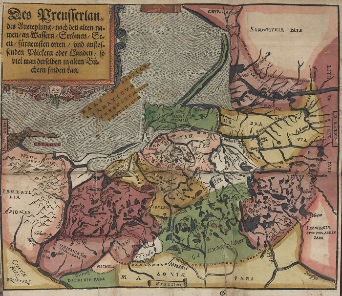 Antique map of Prussia with various regions highlighted in different colors, illustrating historical insights.