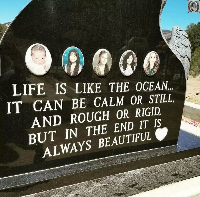 Headstone portraits with a heartfelt ocean-themed life quote.