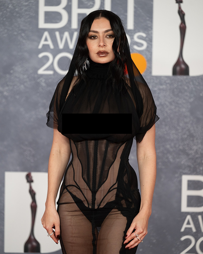 A celebrity on the red carpet in 2025, wearing a revealing sheer dress causing a stir.