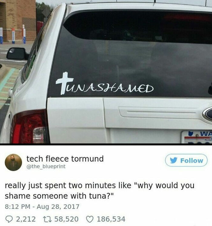 Car with “TUNASHAMED” decal in a parking lot, highlighting a humorous design mistake.