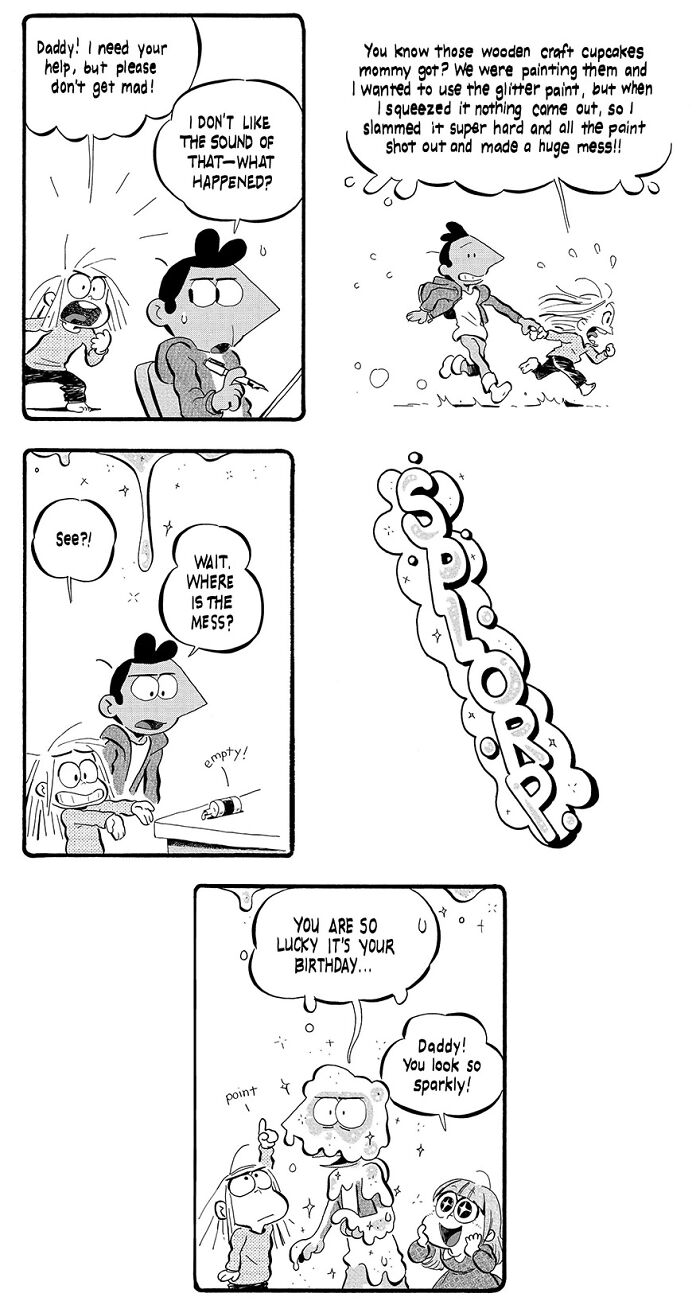 Funny parenting comic by Anthony Holden showing a child explaining a glitter paint mishap to their father.