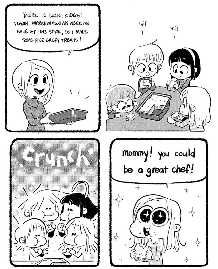 Funny parenting comic by Anthony Holden showing excited kids enjoying rice crispy treats made by their mom.