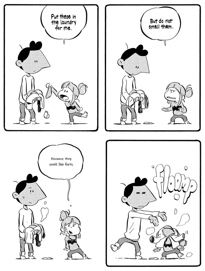 Parenting comic by Anthony Holden: a child warns a parent not to smell laundry, saying it smells like farts.