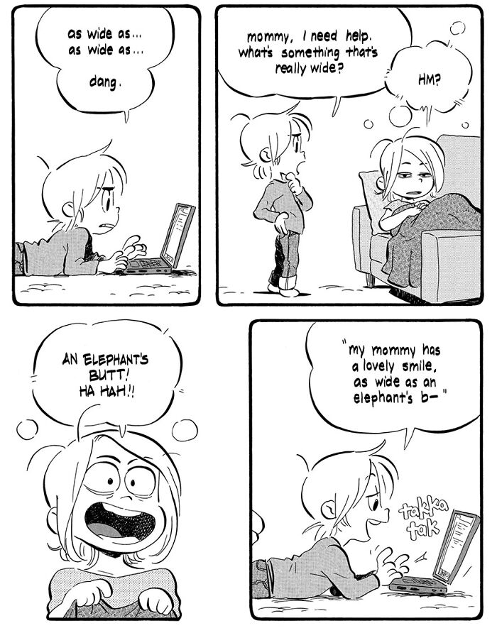 Child humorously interacts with a parent, typing on a laptop, showcasing whimsical parenting life in a funny comic by Anthony Holden.