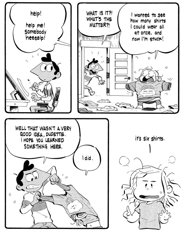 Child stuck in multiple shirts, seeking help, humorous parenting comic by Anthony Holden.