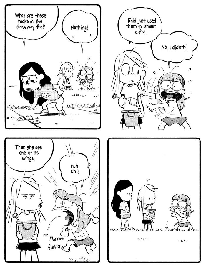 Funny comic about parenting by Anthony Holden, featuring kids arguing over rocks used to smash a fly.