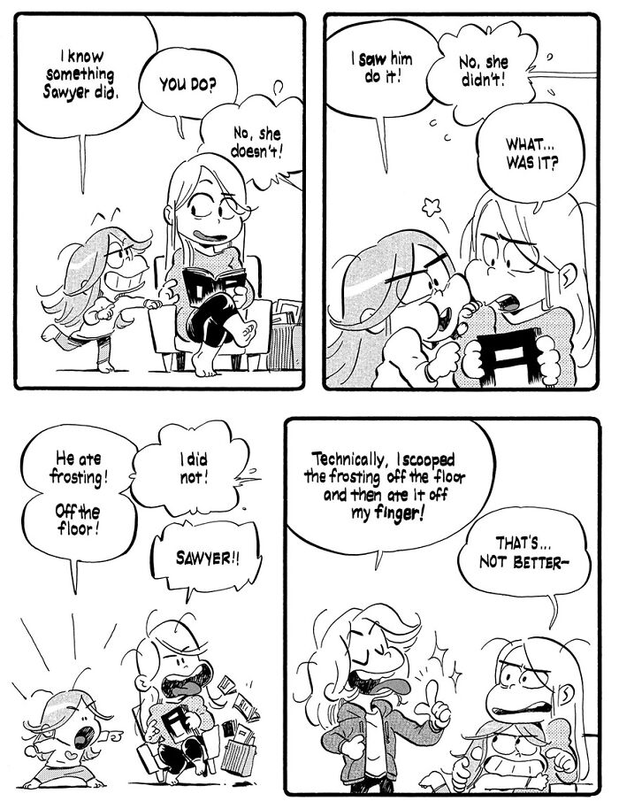 Comic by Anthony Holden depicting a whimsical moment in parenting with kids arguing about frosting.