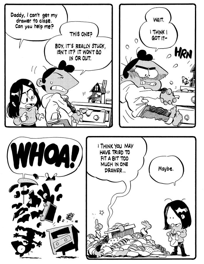 Parenting comic by Anthony Holden: a dad struggles with an overflowing drawer.