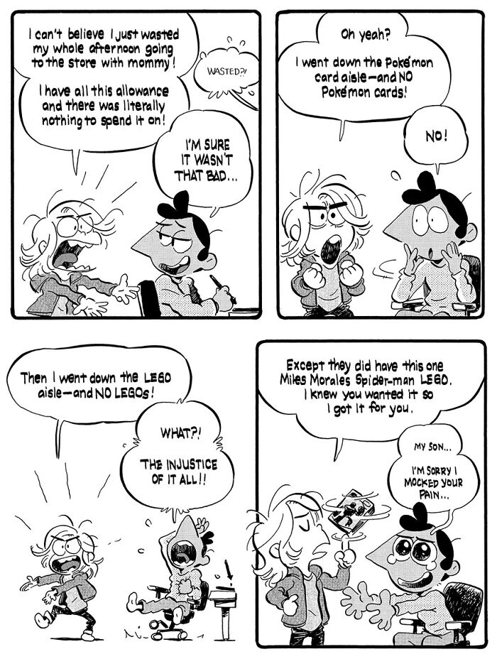 Funny parenting comic by Anthony Holden about a child frustrated with a shopping trip, ultimately finding a Spider-Man toy.