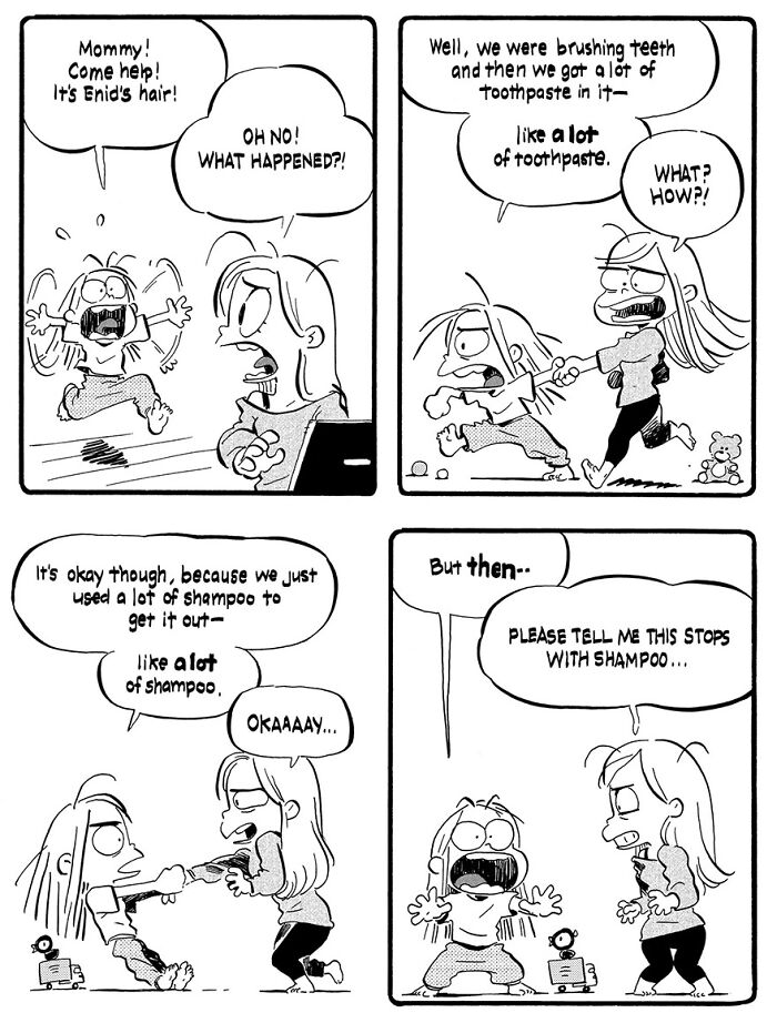 Funny parenting comic by Anthony Holden about toothpaste and shampoo mishap with kids.